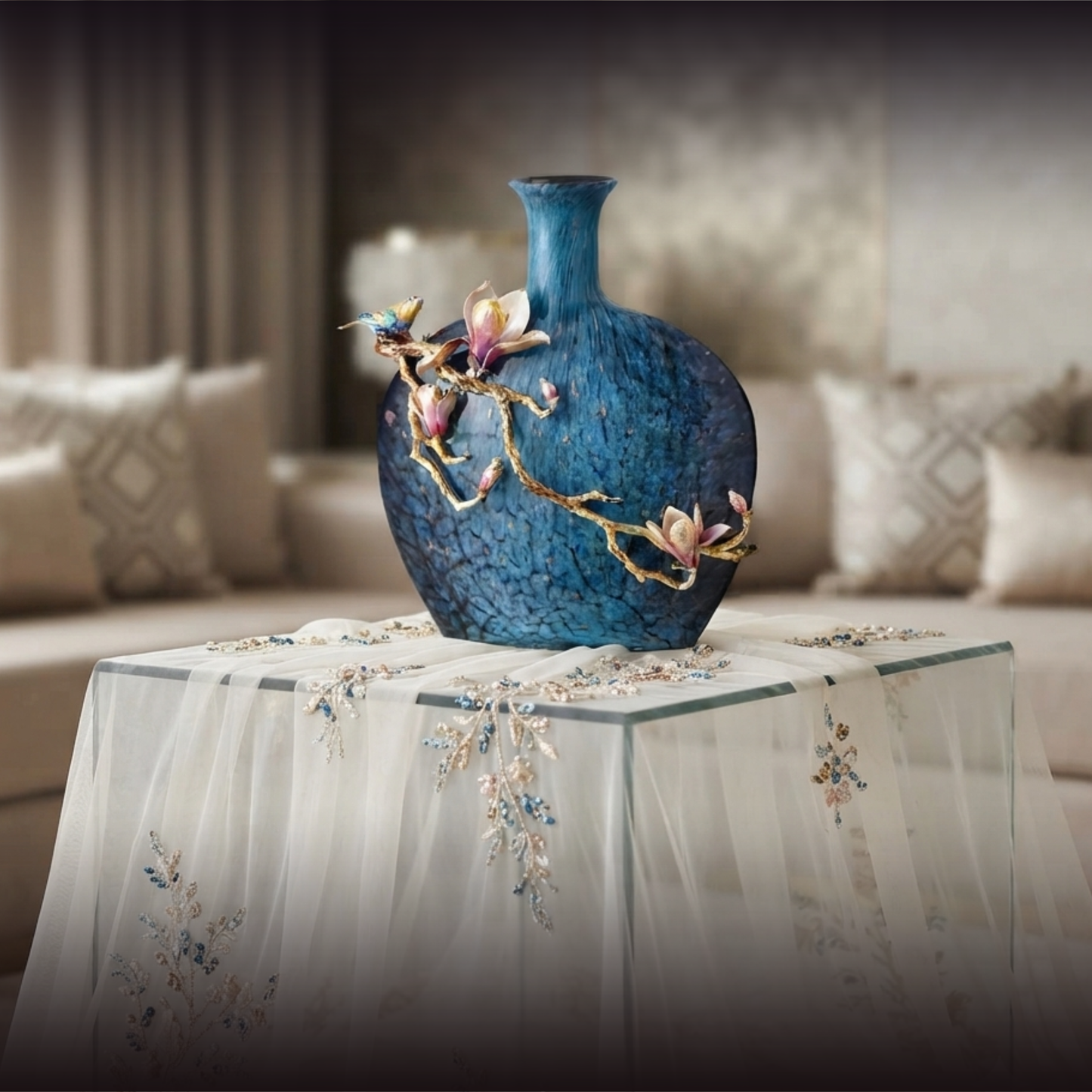 Turquoise Ripple & Golden Blossom Vase