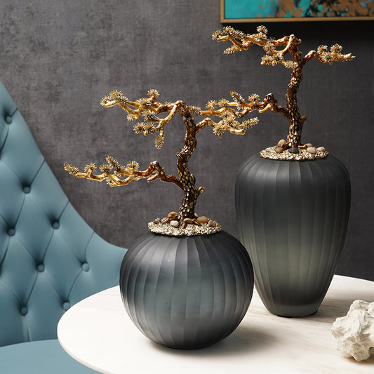 Golden Pine Bonsai Frosted Glass Sculpture
