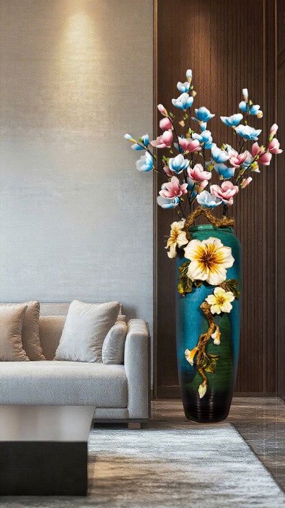 مزهرية "الكركديه الذهبي" الكبيرة ذات اللون الأزرق المخضر المتدرج