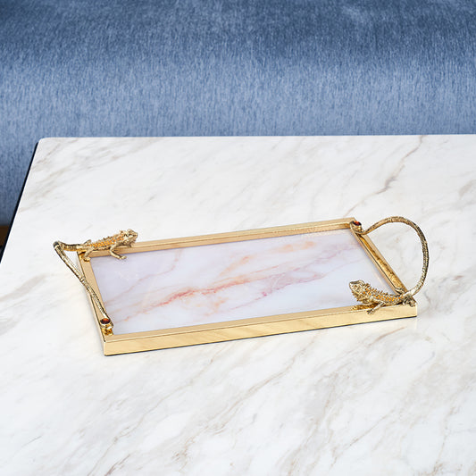 صينية تقديم من الرخام مزينة برسومات وزغة مذهبة