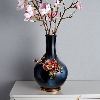 مزهرية فنية بلون أزرق منتصف الليل "زهرة اللوتس القرمزية"