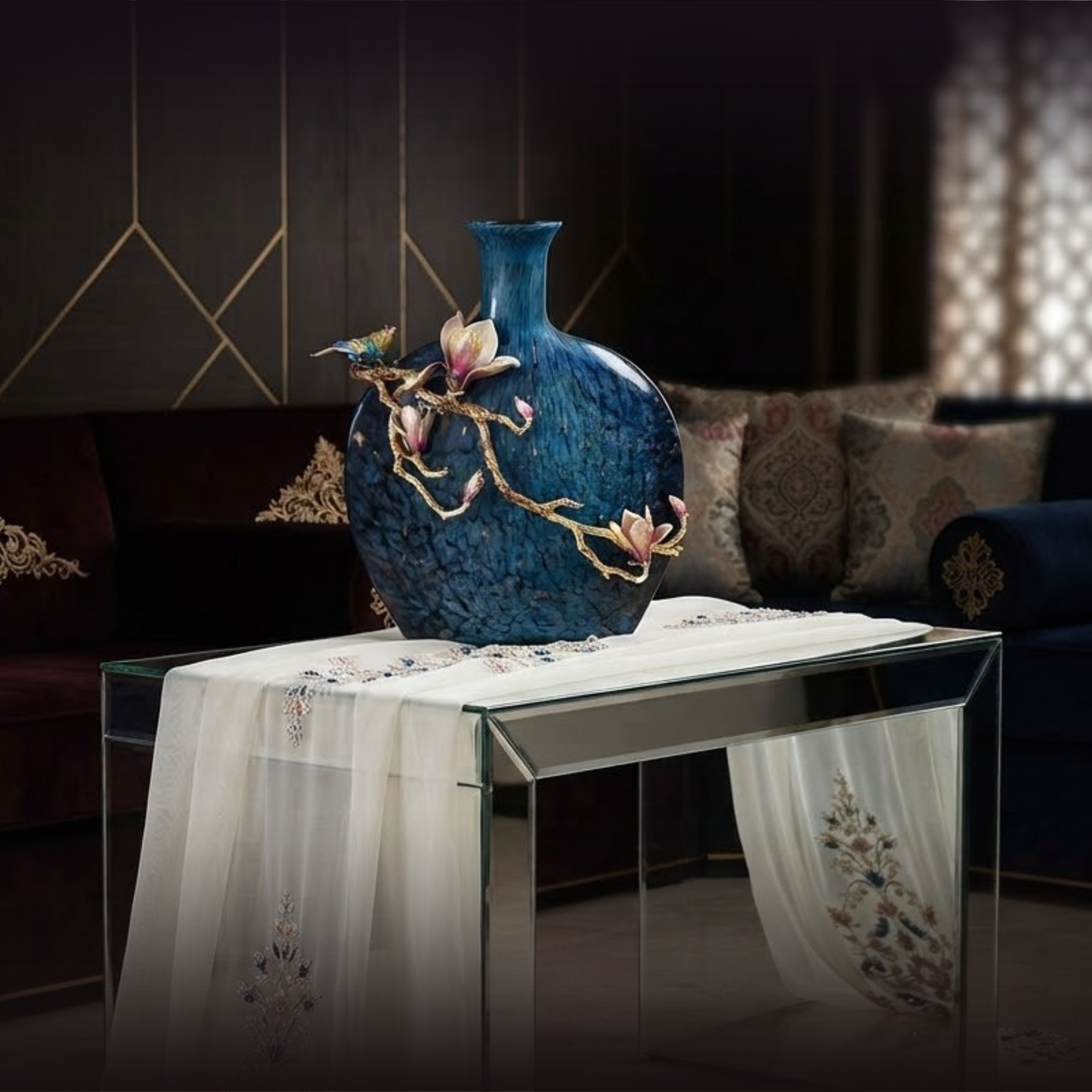 Turquoise Ripple & Golden Blossom Vase