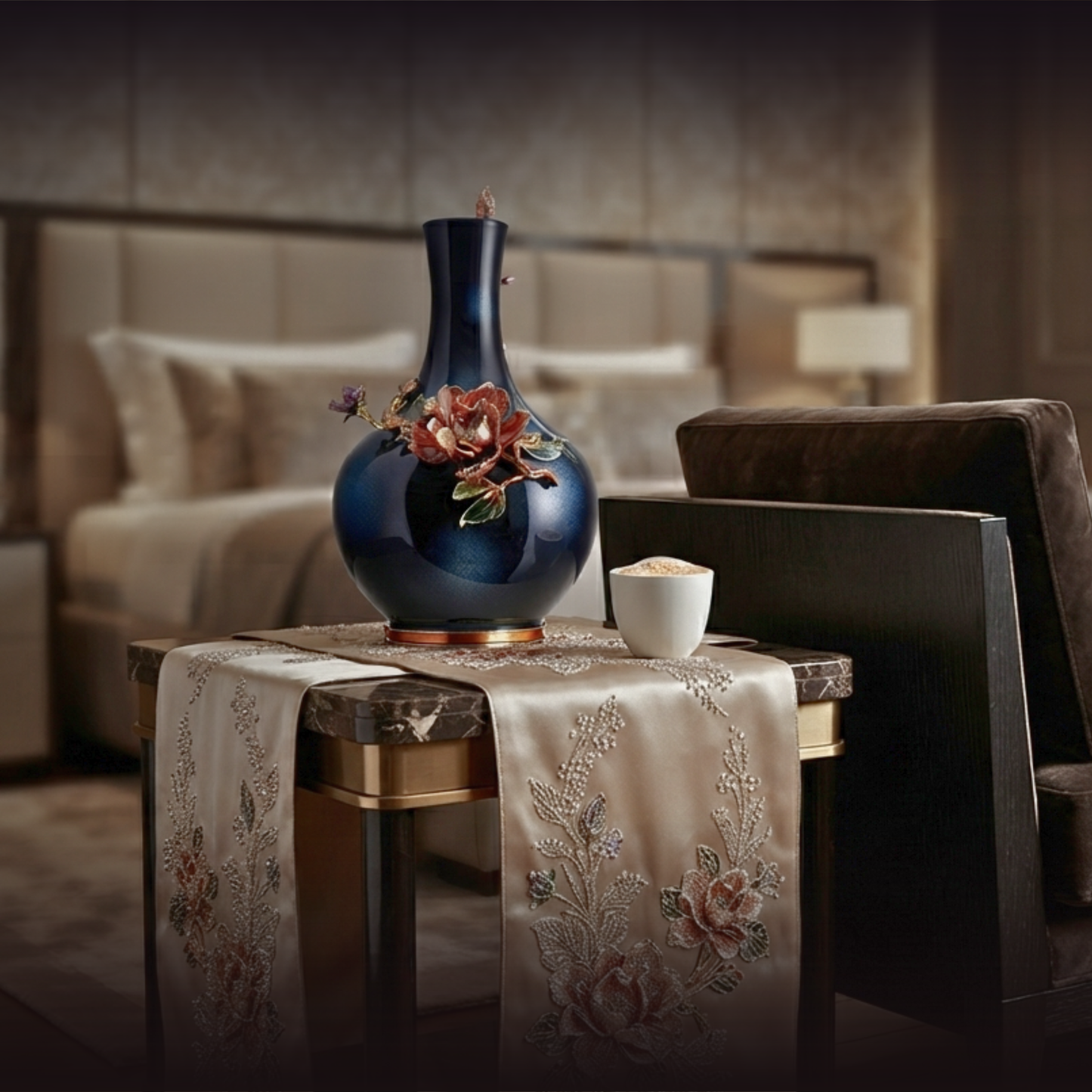 Midnight Azure "Crimson Lotus" Art Vase