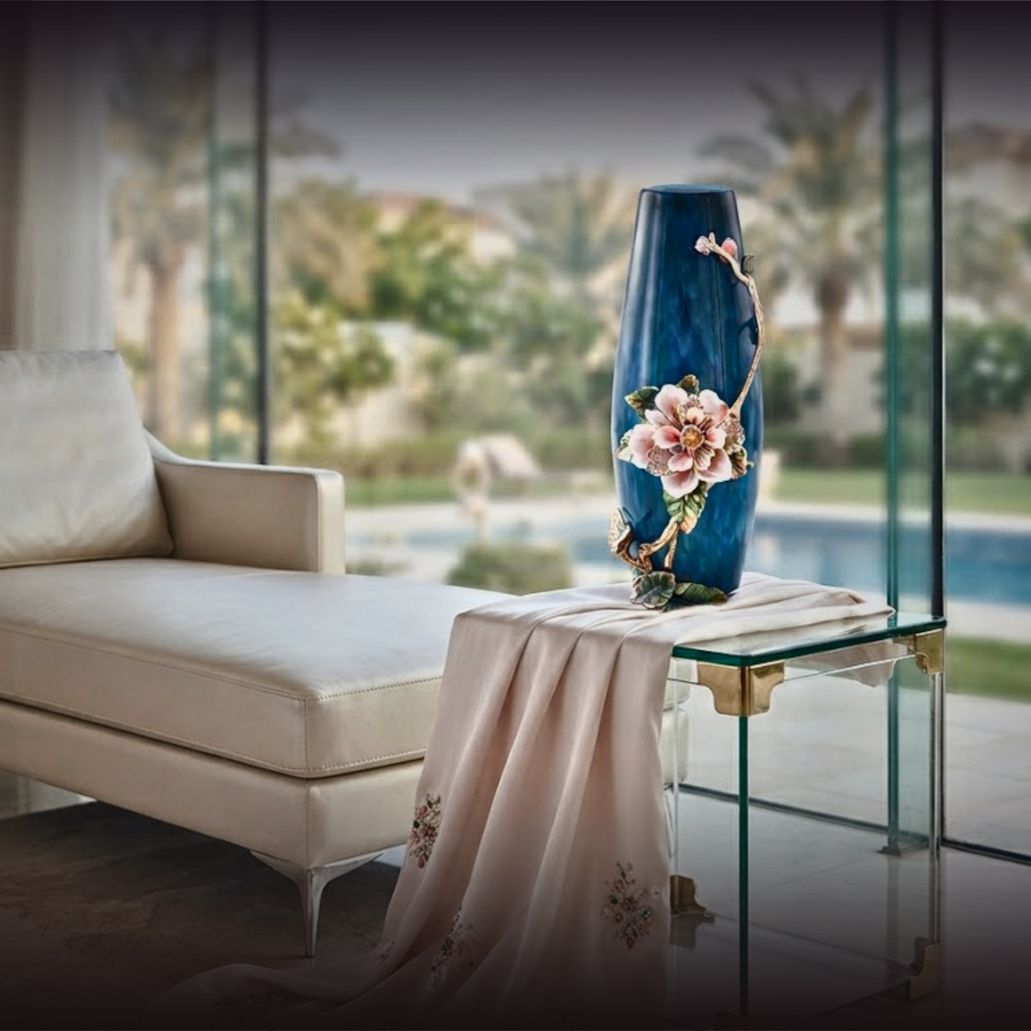 Sapphire Night "Jeweled Peony" Art Vase