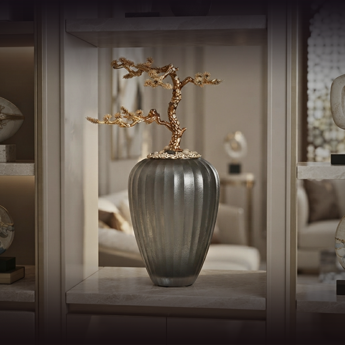 Golden Pine Bonsai Frosted Glass Sculpture