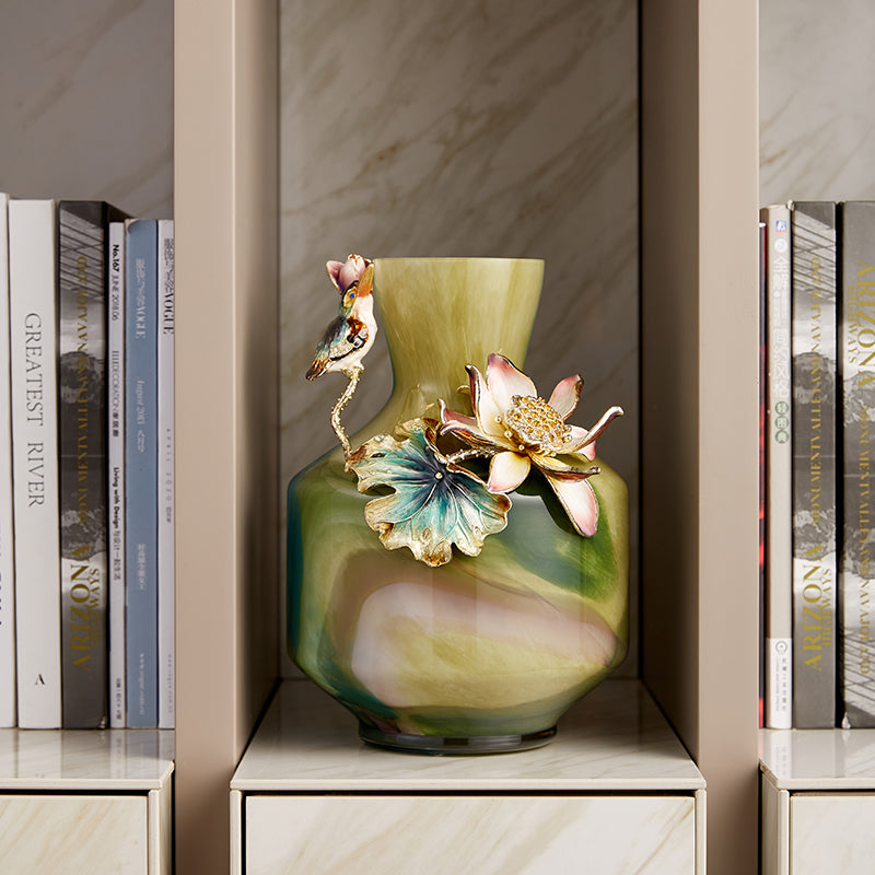 Verdant Mist "Lotus & Kingfisher" Art Vase