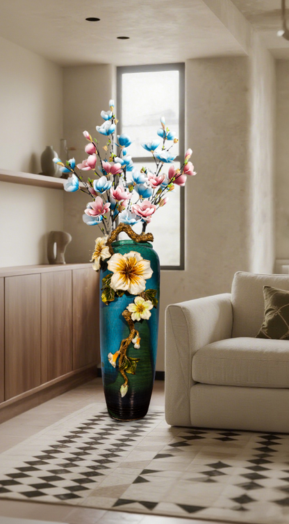 مزهرية "الكركديه الذهبي" الكبيرة ذات اللون الأزرق المخضر المتدرج