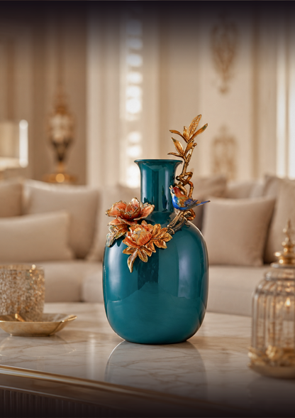 Teal Blossom Ceramic Vase
