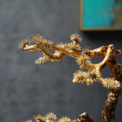 Golden Pine Bonsai Frosted Glass Sculpture