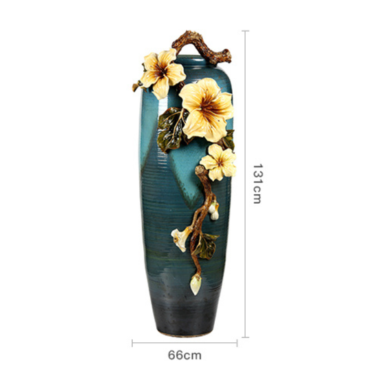 Grand Teal Cascade "Golden Hibiscus" Vase