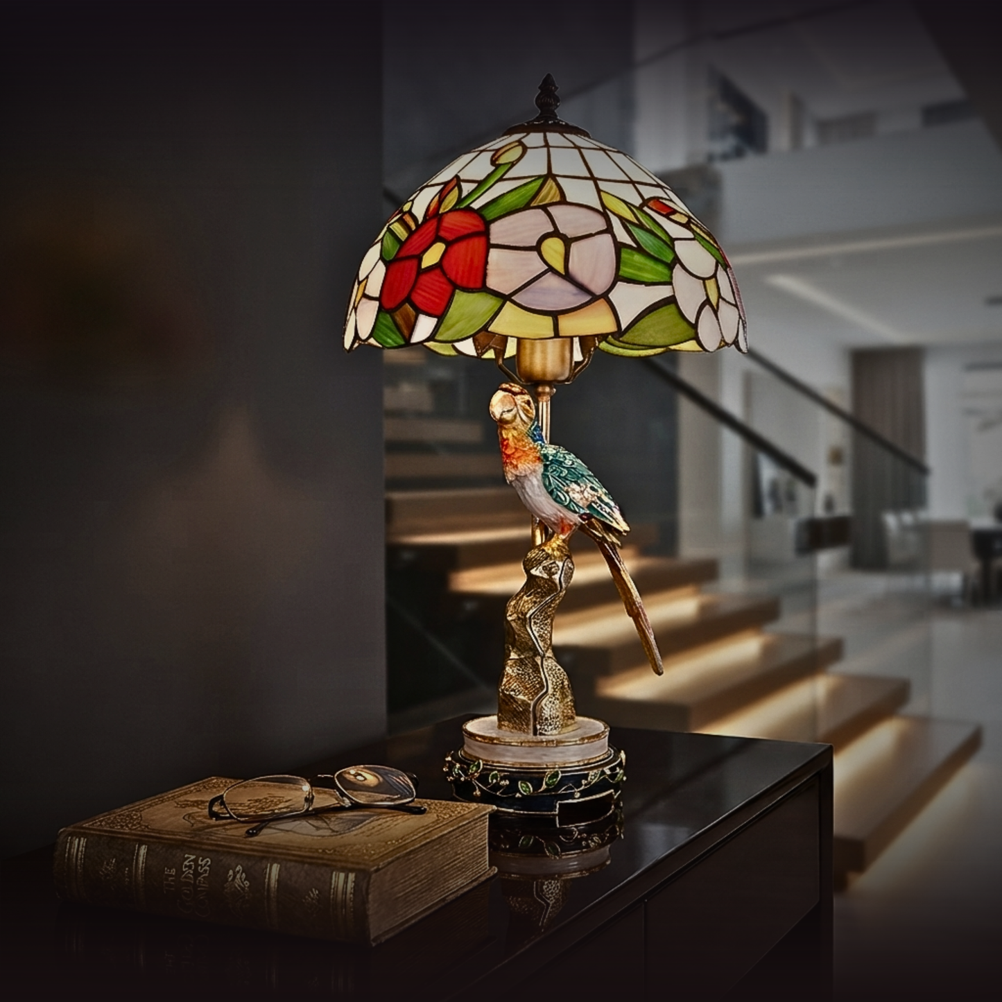 Imperial Parrot Tiffany Art Glass Lamp