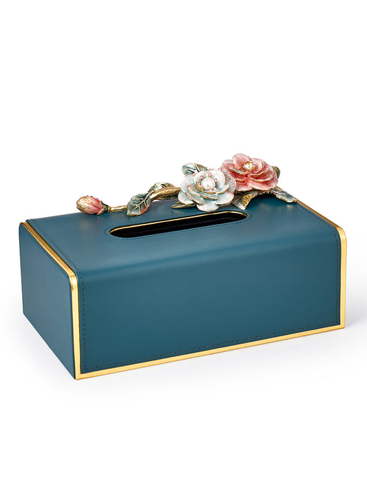 Teal Rose Garden Leather Tissue Box
