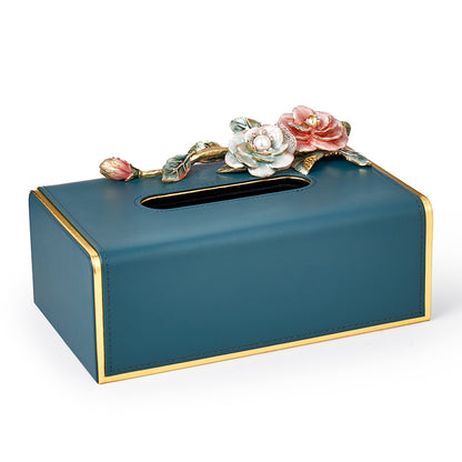 Teal Rose Garden Leather Tissue Box