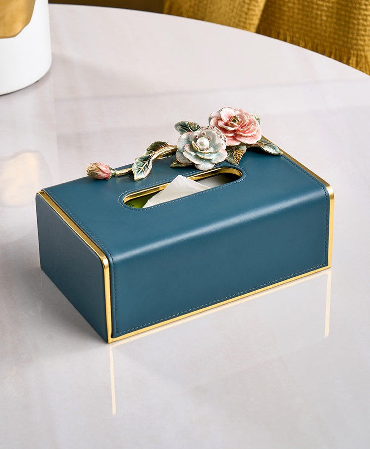 Teal Rose Garden Leather Tissue Box
