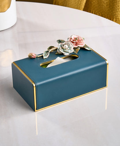 Teal Rose Garden Leather Tissue Box