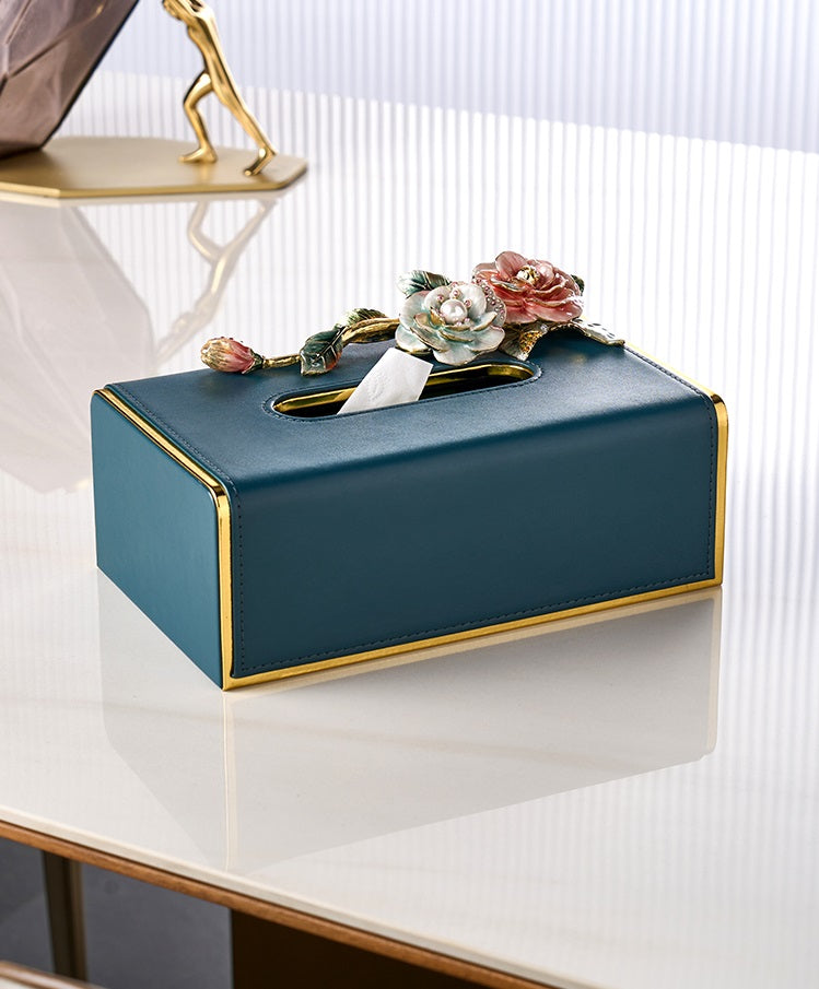 Teal Rose Garden Leather Tissue Box