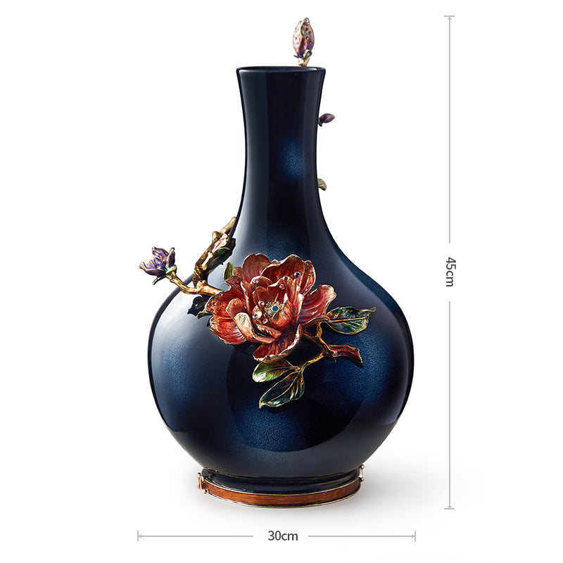 مزهرية فنية بلون أزرق منتصف الليل "زهرة اللوتس القرمزية"