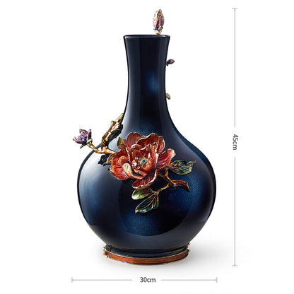 مزهرية فنية بلون أزرق منتصف الليل "زهرة اللوتس القرمزية"